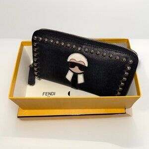 Fendi Karlito Long Studded Black Saffiano Zip Wallet In Original Box. Authentic
